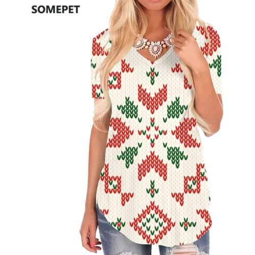 SOMEPET Christmas T Shirt Women Snowflake Shirt Print Graphics V-neck Tshirt Painting T-shirts 3d Womens Clothing Fashion Loose