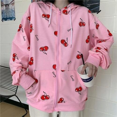 HOUZHOU Korean Style Hoodies Women Autumn Fashion Cherry Print Sweatshirt Women Long Sleeve Cotton Streetwear Zip Up Hoodie