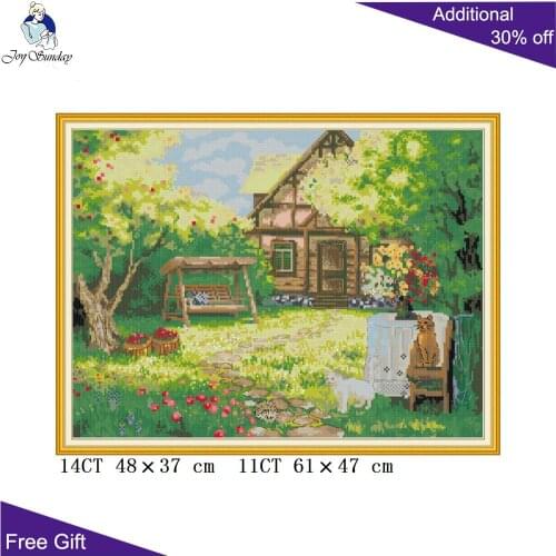 Joy Sunday Backyard FA091 14CT 11CT Counted and Stamped Cabin Cat Flowers Beautiful Courtyard Home Decor Cross Stitch kits