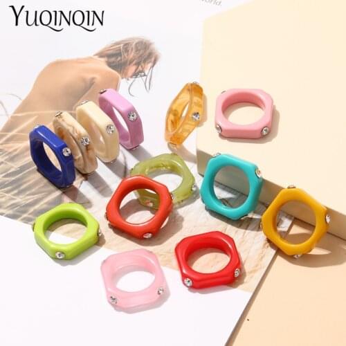 Geometric Colorful Crystal Finger Ring for Teen Girls Acrylic Minimalist Rhinestone Rings for Women Chic Korea Engagement Rings