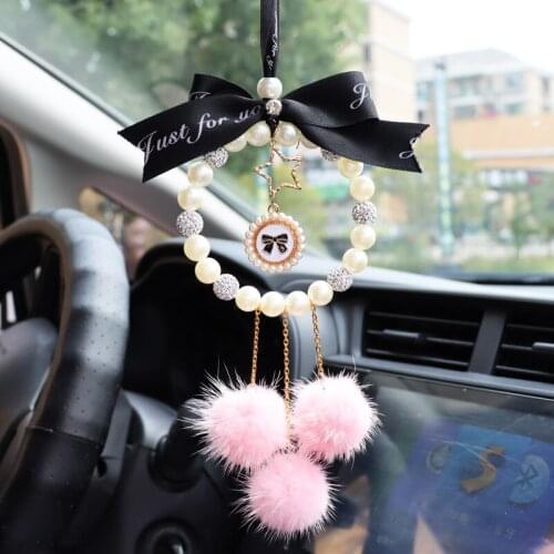 Creative Cute Car Rearview Mirror Pendant Ladies Fox Hair Alloy Drill Ball Car Gift Pearl Car Pendant Ornament