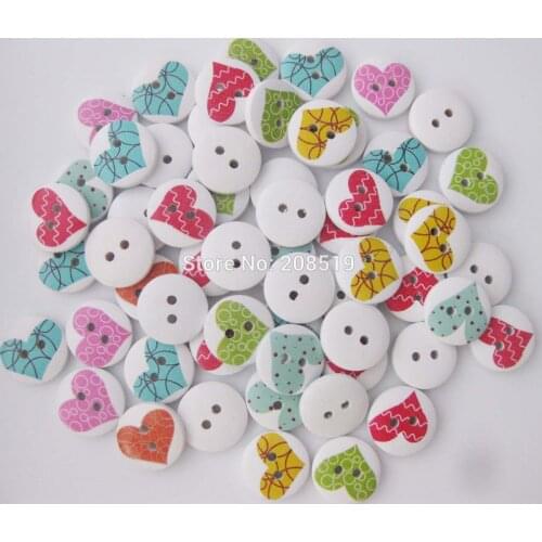 WBNSWK 15MM&3/5" printed Heart Round wood Buttons for garment 200pcs/lot Mix 2-hole White sewing baby button