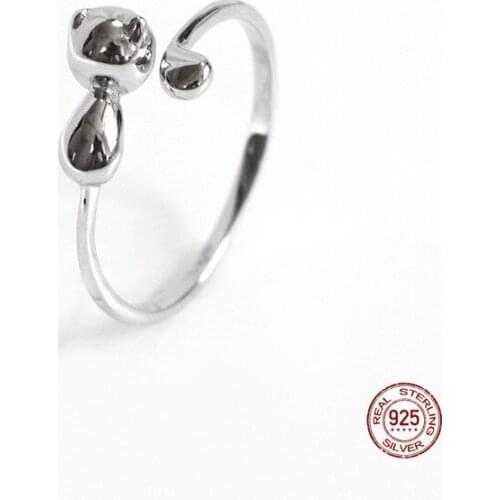 LKO Fashion Women Finger Rings 925 Sterling Silver Cute Cat Open Design Simple Ring Wedding Party Adjustable Ring Jewelry Gift