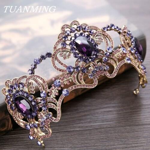 Fashion Purple Crystal Big Crown Hair Ornaments Bride Headdress Vintage Golden Tiara Queen Crown Wedding Hair Accessories
