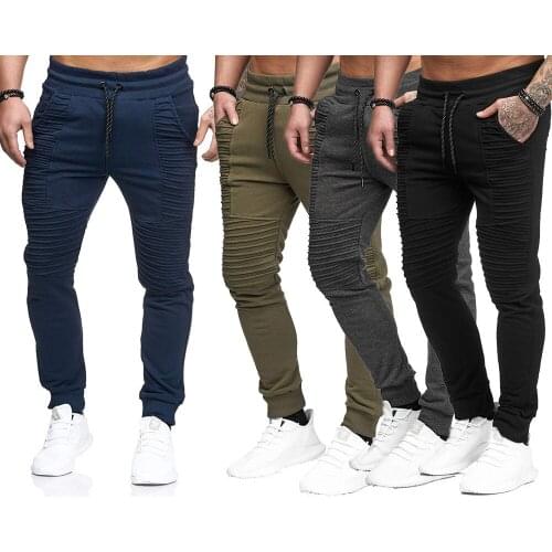 Mens Causal Pants Sportswear Drawstring Joggers Bodybuilding Trousers Man Jogging Sweatpants Pleated Stripe Pant High Quality