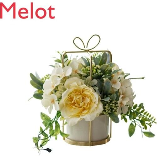 Artificial Flower Set Ceramic Golden Vase Rose Artificial Plant Pot Home Decoration Fake Flower Pot