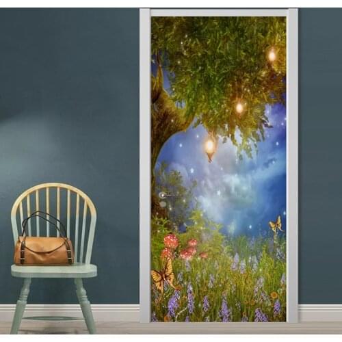 Door Sticker 3D Stereo Elk Forest Landscape Wallpaper Living Room Bedroom Art Home Decor Door Poster PVC Self-Adhesive Stickers