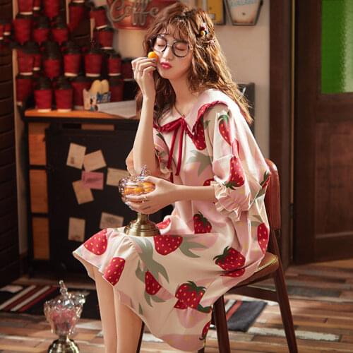 Nightgowns Women Ruffles Pockets Turn-down Collar Cartoon Printed Cute Sweet Short Sleeve Home Wear Sleepwear Summer Ulzzang New