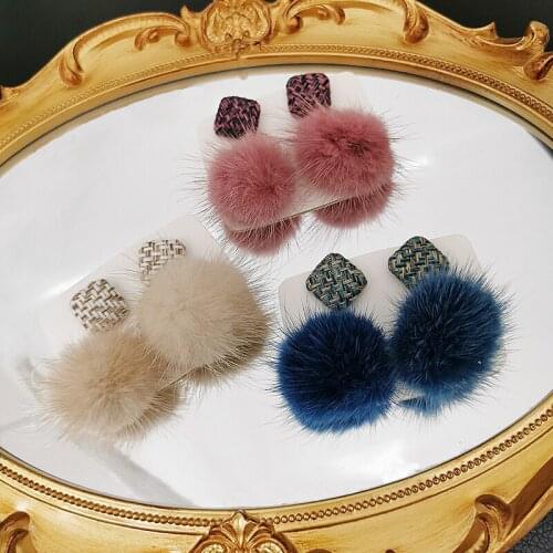 2021 New Hair Balls Earrings Korean Square Pompom Hairball Dangle Earrings Fur Ball Winter Plush Earrings For Girl Women Party