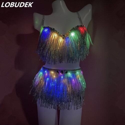 Sexy Bar Nightclub LED Lighting Dance Clothes Silver Tassels Colorful LED Crystals Bikini 2-Pieces Set DJ Singer Dancer Outfits