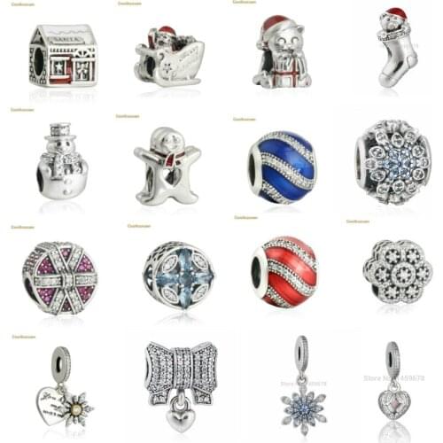100% 925 Sterling Silver Beads Pave CZ Bow Snowflake Heart Christmas Kitten Sleighing Santas Home Snowman Dangle Charm