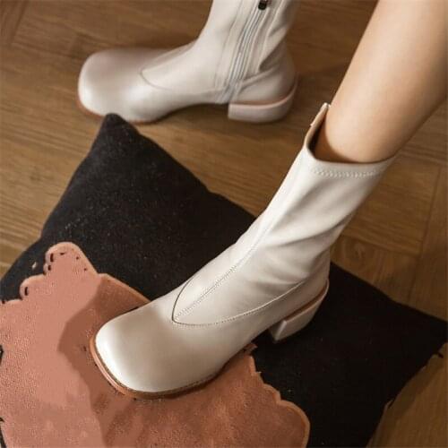 PXELENA 2020 Brand New Real Genuine Leather Ankle Boots Women Plus Size 34-43 Autumn Shoes High Heels Square Toe Stretch Boots