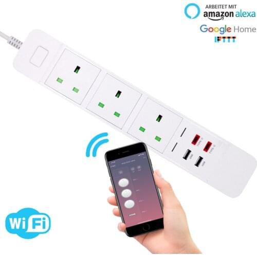 Wifi 3 UK Smart Power Strip 3 Outlets Socket 2 USB 2 Type-c 3.0A Quick Charge Voice Control for Alexa Google Assistant