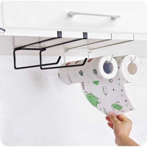 1PC Double-bar Cabinet Paper Towel Rack Tissue Holder Kitchen Bathroom Hanging Storage Practical No-punching Organization