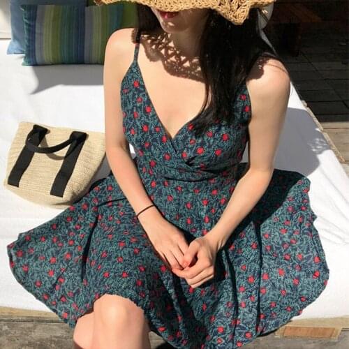 Vintage Beach Style Womens Clothing Fashion Off Shoulder Spaghetti Strap V-neck A-line Dress V-neck Print Short Dresses New