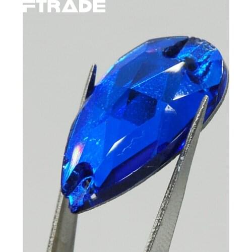 High-grade Tear Drop Crystal Sew-on Rhinestone Sapphire Color 17x28mm Silver Flatback Sewing Beads 2 hole