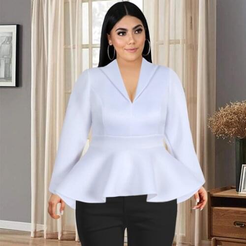 Plus Size Blouse White Sexy V Neck Long Sleeve Ruffle Blouses Peplum Tunics Classy Tops Office Lady Work Business Women Clothing
