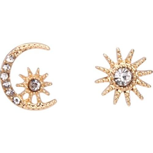 Star Moon Sun Asymmetrical Golden Silver Plated Rhinestone Silver Needles Alloy Stud Earrings for Women & Girls