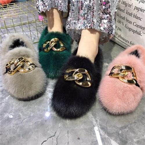Womens Fur Flat Shoes Cute Winter Warm Furry Mink Fur Flat Shoes Women Casual Shoes