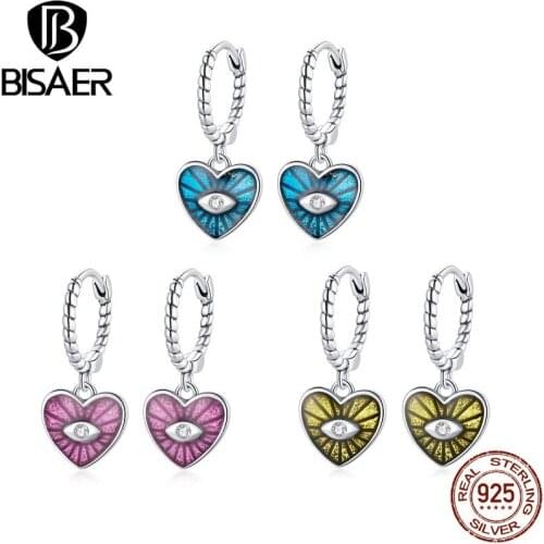 BISAER 3 Colors Devil Eyes Heart Earrings 925 Sterling Silver Colorful Enamel Earrings For Women Party Trendy Jewelry ECE1270