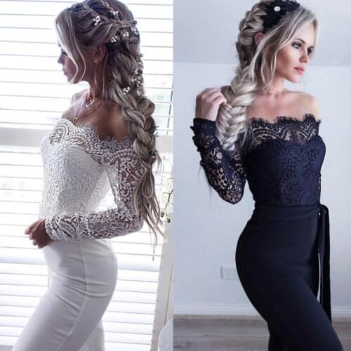 Spring Autumn Sexy Women Off Shoulder Lace Floral Long Sleeve Slim Jumpsuit&Romper Clubwear Playsuit Bodycon Party Jumpsuits