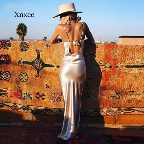 Sexy Spaghetti Strap Backless Summer Dress Women Satin Lace Up Trumpet Long Dress Elegant Bodycon Party Dresses