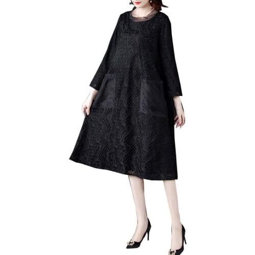 Autumn 2021 Women Elegant O- Neck Lace Loose PlusSize Temperament Mom Dress Female Hollow Out Vestidos Chic Dresses FC674