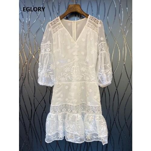 Luxury Embroidery Dress 2021 Summer Party Women V-Neck Hollow Out Lace Patchwork 3/4 Sleeve Slim Fit A-Line White Blue Dress XL