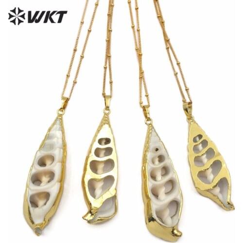 WKT WT-JN064 Unique Hollow Design Cut Surface Trumpet Shell Pendant Necklace White Color Gold Bezel Women Beach Wedding Jewelry