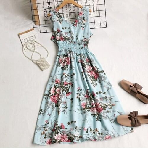 FMFSSOM 2021 Summer Floral Beach Style Dress Women Elastic Waist Ball Gown Raglan Sleeve Jacquard V-Neck Backless Party Clothes