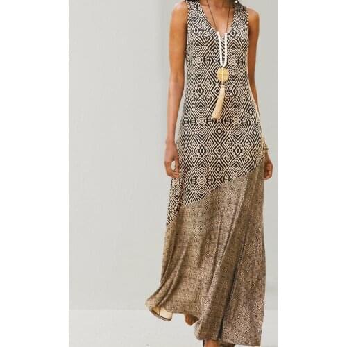60% Dropshipping!!Women Loose Dress Vintage Geometric Print V Neck Sleeveless Dress for Beach