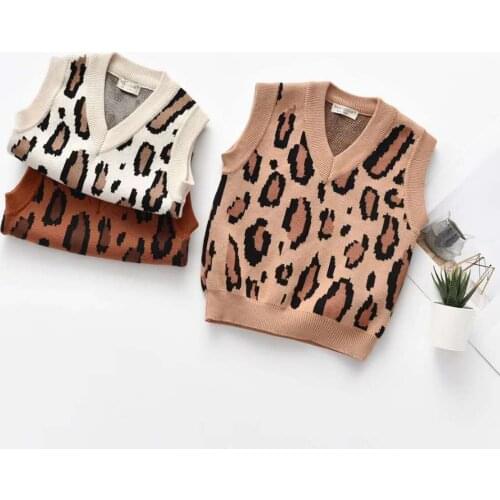 FOCUSNORM 2-6Y Fashion Children Girls Knitted Sweater Vest Tops Leopard Print V Neck Pullover Warm Autumn Winter Outfits 3 Color