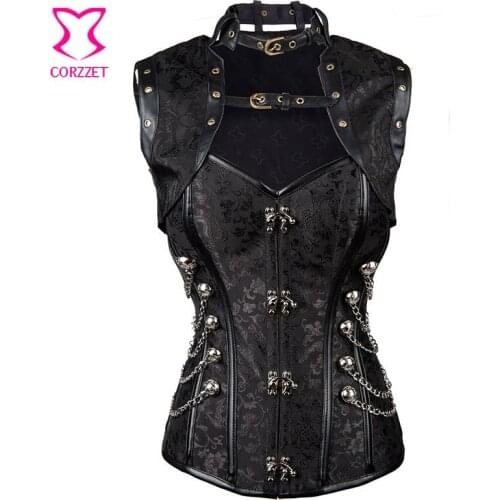 Corzzet Black Brocade Steampunk Overbust And Jacket Waist Trainer Steel Boned Plus Size Sexy Gothic Corpetes E Espartihlos
