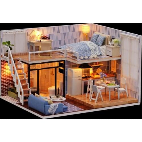 Diy Wooden Doll House BLUE APARTMENT Miniature Dollhouse Toy House Model Building Girls Puzzle Toys Birthday Gift for 14