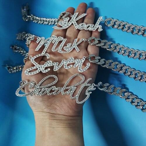 DODOAI Customized Stainless Steel Word Name Necklace 1.2cm Rhinestone Cuban Chain Miami Cuban Link for Men Women Hip hop Jewelry