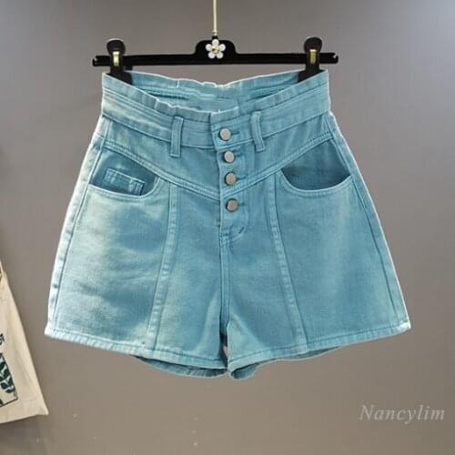 Korean Style denim shorts for women 2021 Summer New Blue Color Single-Breasted High Waist Wide Leg Chic hot pants girls ladies