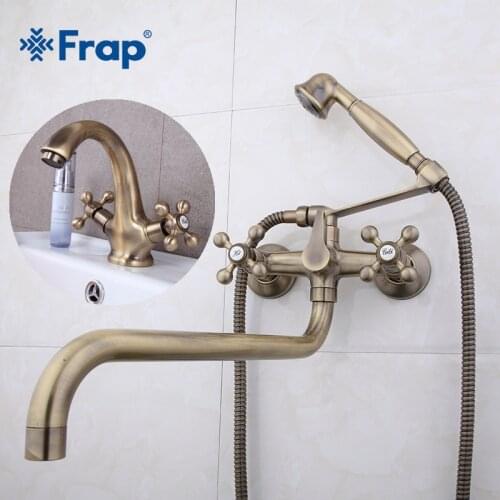 Frap Bathroom Double Handle Shower Faucet and Bronze Brushed Sink Hot and Cold Water Basin Faucet Combination F2619-4+F1019-4