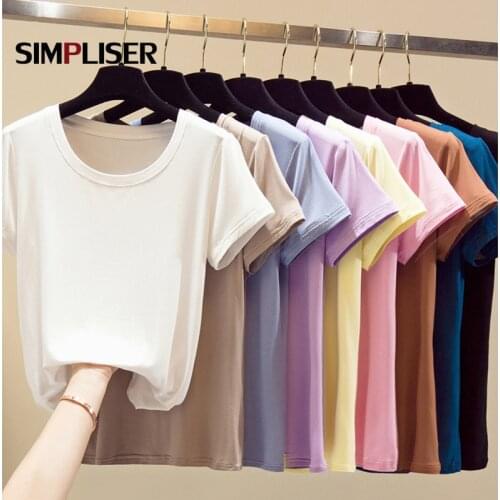 Casual Cotton Tees Women O-Neck Short Sleeve T-Shirts Pink Black White Blue 2020 Summer Loose Tops Trendy Clothes Purple T-shirt