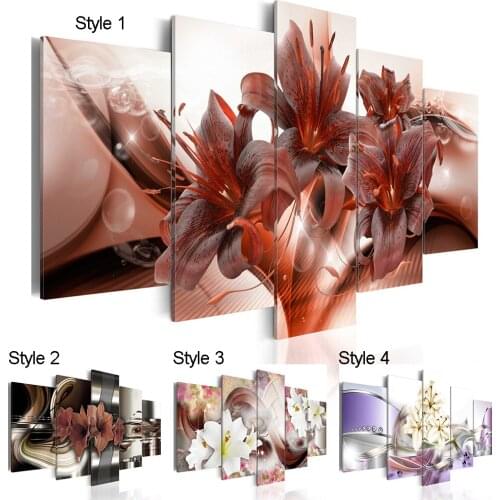 2019 HD 5PCS/Set Red Purple White Lily Flower Art Print Frameless Canvas Painting Wall Picture Home Decoration,No Frame