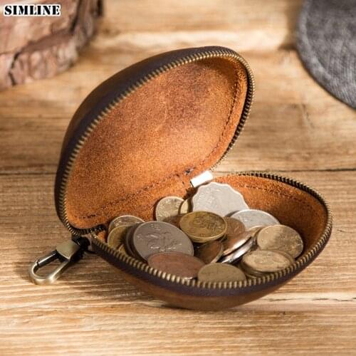 SIMLINE Genuine Leather Coin Purse For Men Man Round Small Zipper Coins Wallet Organizer Pocket Storage Money Bag Male With Hook