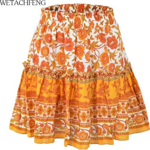 Fashion Floral Print Ruffle Pleated Boho Beach Mini Skirt Korean Style World Apparel Summer Plus Size Loose Women Skirt Clothes