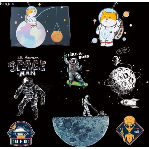 Prajna UFO Space Moon Rocket Patches Iron On Transfers For Man T-shirt Hoodies Ironing Stickers Thermal Patches For Clothing DIY