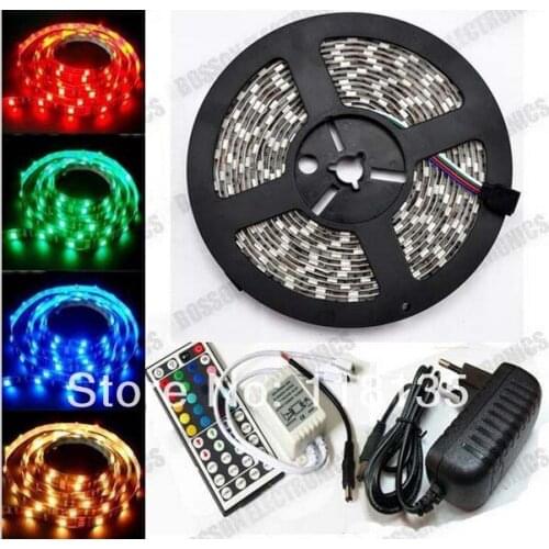 Non-waterproof RGB 12V 3528 LED Strip Light 60LEDs/M 5M/Lot 1Roll/Lot+44Keys IR Controller+24W Power Adapter