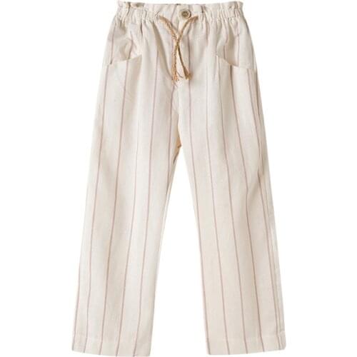 2021 New Childrens Retro Simple Cotton and Linen Casual Pants Girls Fashion Elastic Waist Striped Loose Straight Trousers
