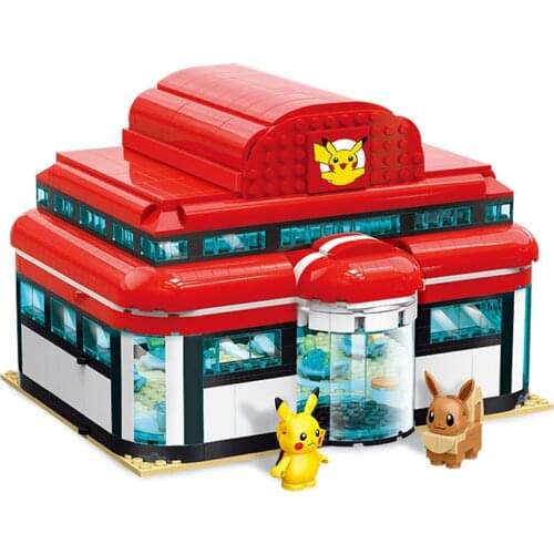 Creator Cartoon Anime Pokémon Center House Pikachu Building Blocks Bricks Sets Classic Movie Model Kids Toys For Children Gift