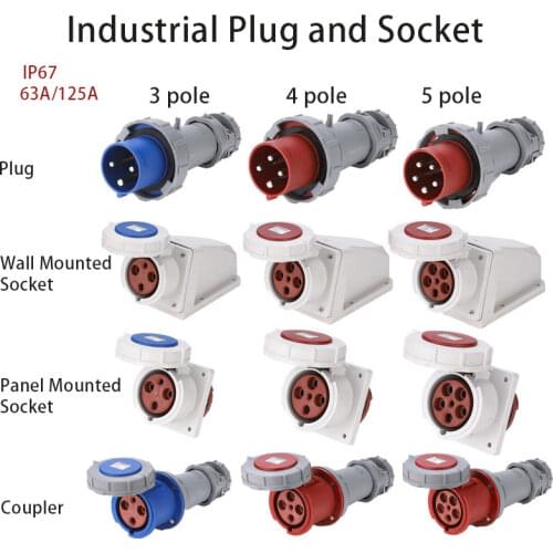Industrial Plug and Socket 3/4/5 pole 63A 125A ip67 Wall Mounted Socket Panel Mounted Coupler Waterproof 220V 380V 415V