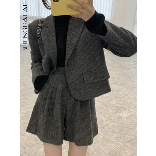 SHENGPALAE Women Fashion Solid Color Loose Brown Blazer Jacket And High Waist Wide Leg Casual Gray Pants Shorts Autumn 2021