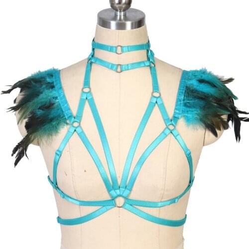 Blue Feather Wings Goth Fetish Harness Belt BDSM Bondage Body Harness Epaulettes Cape bra Elastic adjust Lingerie dance wear