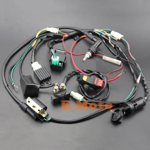 Full Wiring Harness Loom Solenoid Coil Regulator C7HSA Spark Plug 50 70cc 90cc 110cc 125cc Dirt Pit BIke Electric Start Engine