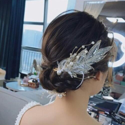 Bridal Headgear, Exquisite Hand-Sewn Cloth, Feather And Leaf Shape Hairpin Side Clip, Wedding Veil Accessories